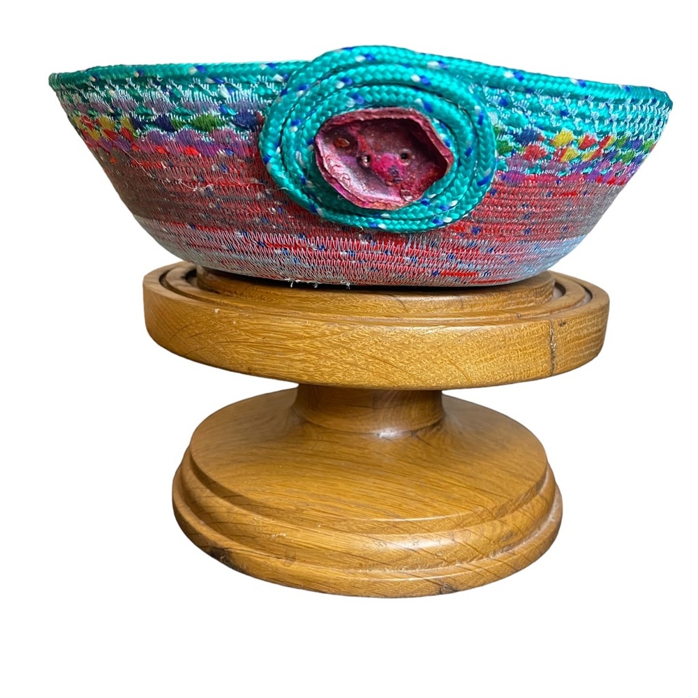 Handcrafted rope basket. Nylon multi color thread & handmade leather button